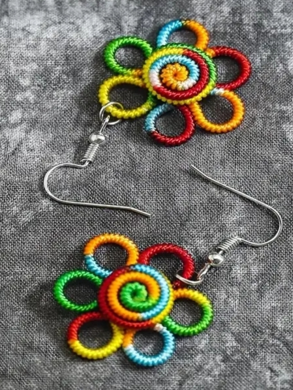 Hand Crafted Colorful Flower Thread Earrings - Multicolor